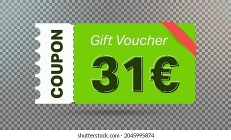 31 euro coupon promotion sale for website, internet ads, social media.Big sale and super sale coupon code euro 31 discount gift voucher coupon vector illustration summer offer ends weekend