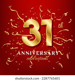 31 golden numbers and anniversary celebrating text with golden confetti spread on a red background