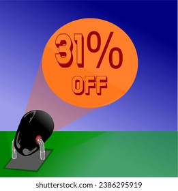 31% gray, black and red reflector iluminates promotions and discounts in the blue sky, in orange