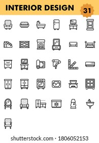 31 Home Decoration or Interior Design Accessory Objects Icon Set in Black Outline.