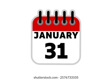 31 January calendar icon text page monthly web design on red, black and white background vector, icon, or illustration with the month of January 31