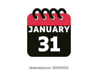 31 January calendar icon text page monthly web design on red, black and white background vector, icon, or illustration with the month of January 31