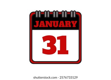 31 January calendar icon text page monthly web design on red, black and white background vector, icon, or illustration with the month of January 31