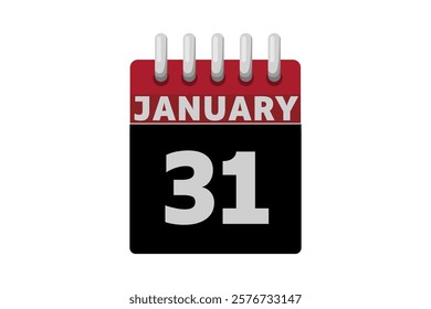 31 January calendar icon text page monthly web design on red, black and white background vector, icon, or illustration with the month of January 31
