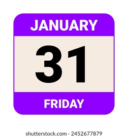 31. Januar, Freitag. Datum Vorlage. Nützliches Design für Kalender- oder Eventpromotionen. Vektorillustration EPS 10 File. Isoliert auf weißem Hintergrund. 