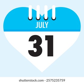 31 July calendar icon sky blue heart shape on light sky blue color background, calendar vector symbol for the month of July.
