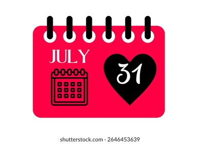 31 july month single day vector, illustration, calendar with red, black and white color background calendar icon of july 31