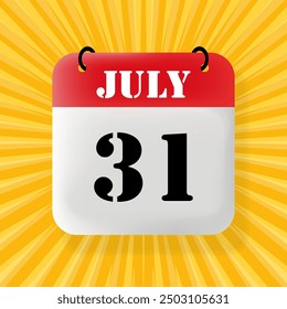 31 july. Speech bubble with calendar 2024, 2025. Year, month, day, week, time management. Planning concept. 3d illustration. Pop art style. Vector line icon for Business and Advertising