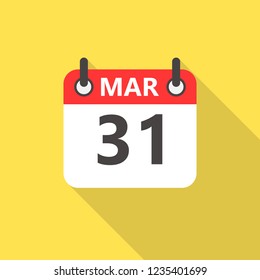 31 march calendar flat style icon with long shadow.