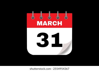 31 March calendar icon text page monthly web design on red, white and black background vector, icon, or illustration with the month of March 31