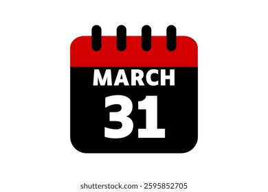 31 March calendar icon text page monthly web design on red, black and white background vector, icon, or illustration with the month of March 31