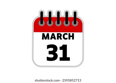 31 March calendar icon text page monthly web design on red, black and white background vector, icon, or illustration with the month of March 31