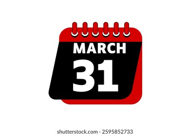 31 March calendar icon text page monthly web design on red, black and white background vector, icon, or illustration with the month of March 31