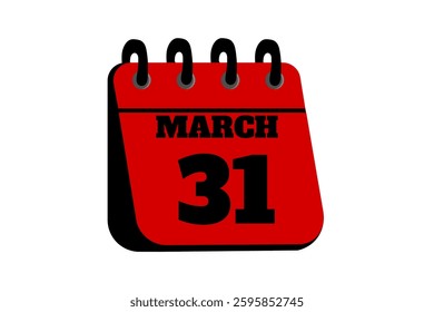 31 March calendar icon text page monthly web design on red, black and white background vector, icon, or illustration with the month of March 31
