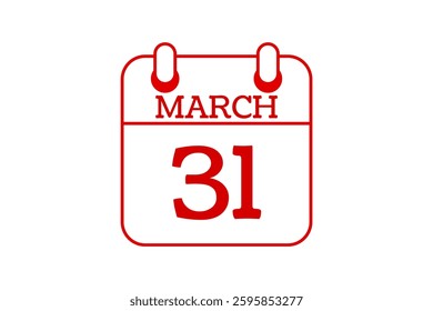 31 March calendar icon text page monthly web design on red and white background vector, icon, or illustration with the month of March 31
