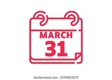 31 March calendar icon text page monthly web design on red and white background vector, icon, or illustration with the month of March 31