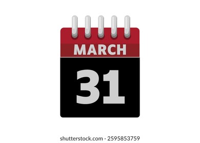 31 March calendar icon text page monthly web design on red, black and white background vector, icon, or illustration with the month of March 31