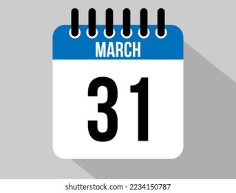 31 March calendar vector icon. Blue March date for the days of the month and the week on a light background