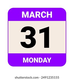 31 March, Monday. Date template. Useful design for calendar or event promotion. Vector illustration EPS 10 File. Isolated on white background. 