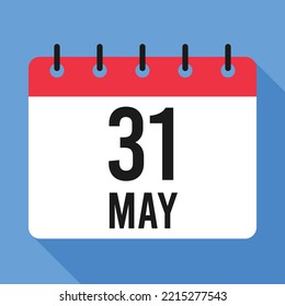Calendario del 31 de mayo. Fondo Azul. Calendario de vectores.
