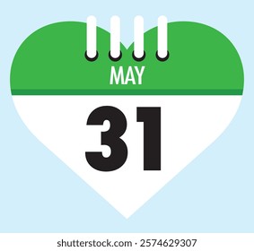 31 May calendar icon green heart shape on light sky blue color background, calendar vector symbol for the month of May.