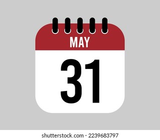 icono del calendario 31 de mayo. Vector de página de calendario rojo para los días y semanas de mayo