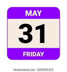 31 de mayo, viernes. Plantilla de fecha. Diseño útil para la promoción de calendarios o eventos. Ilustración vectorial Archivo EPS 10. Aislado sobre fondo blanco. 