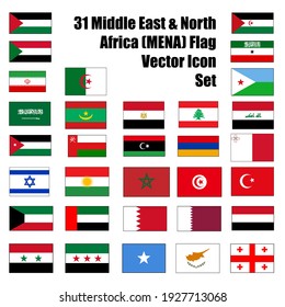 31 Middle East and North Africa Flag (MENA) rectangle Icon Set of major countries and regions. svg