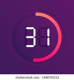 The 31 minutes, stopwatch vector icon, digital timer. Vector digital count down circle board with circle time pie diagram. Watch outline style design, designed for web and app.