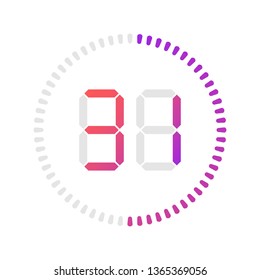 The 31 minutes, stopwatch vector icon, digital timer. Vector digital count down circle board with circle time pie diagram. Watch outline style design, designed for web and app.