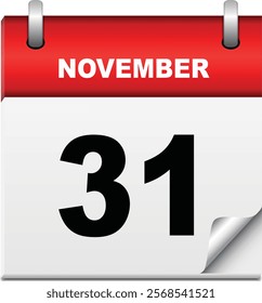 31 November Daily Calendar Icon 3d style. Last day of the year - 3d rendered calendar, Calendar background. 31th November. Monthly calendar icons Set different color and copy space