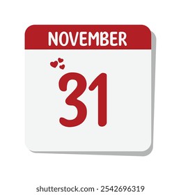 31 November date calendar icon with red hearts and white background