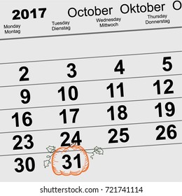 31 October 2017 Halloween. Calendar date reminder form pumpkin lantern. Vector illustration