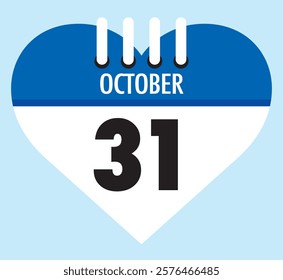 31 October calendar icon blue heart shape on light sky blue color background, calendar vector symbol for the month of October.