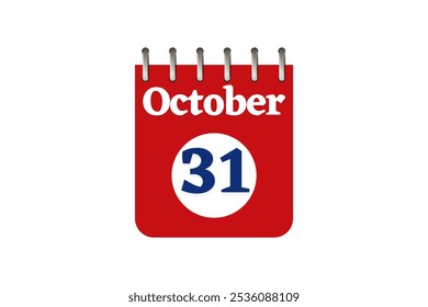 31 October calendar icon text page monthly web design on red, blue and white background vector, icon, or illustration with the month of October 31