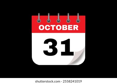 31 October calendar icon text page monthly web design on red, white and black background vector, icon, or illustration with the month of October 31