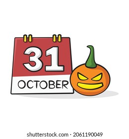 31 October calendar and pumpkin in drawing style isolated vector. Halloween cartoon on white background.