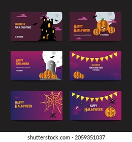 31 October Halloween celebration banner, comic, concept, creepy, decoration style Halloween banner. Halloween theme banner with a group of Jack O Lantern pumpkin and castle on background