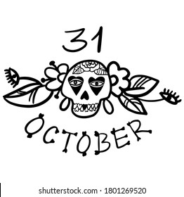 31 october Halloween, lettering made from human bones. Elegant Skull. Day of the dead. Dia de los muertos. Floral Decorated skull. Vector illustration. Doodle element for logo, label, emblem, sign