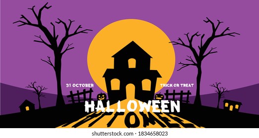 31. Oktober, Häuser auf Vollmond-Hintergrund Frohe Halloween-Trick oder Treat