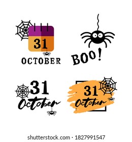 31 October with spider and spiderweb set. Happy Halloween posters. Vector illustration isolated on white background.