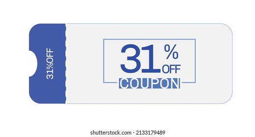 31% fuera del vector de cupón. Cupón de descuento del 31%. Los colores azul y gris.  Cupón perfeccionado. Fondo blanco.