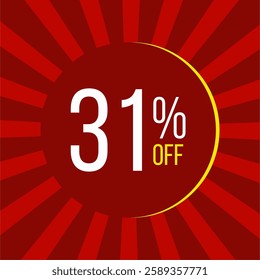 31% off label illustration featuring a red circular promotional label with white and yellow text on a red background - limited time discount offer label.