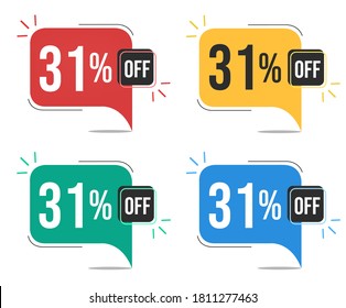 31% off. Red, yellow, green and blue tags with thirty-one percent discount. Banner with four colorful balloons with special offers vector.