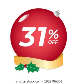 31% off. Thirty-one percent discount. Christmas sale banner. Red bubble with ornaments on a white background vector.