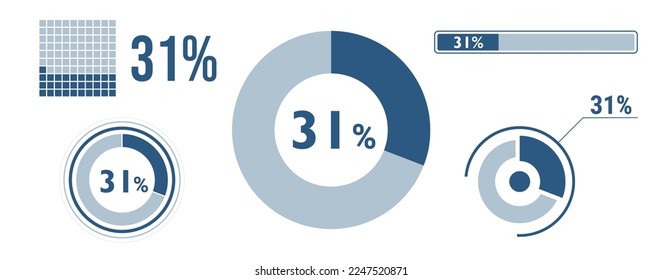 31 percent loading data icon set. Thirty-one circle diagram, pie donut chart, progress bar. 31% percentage infographic. Vector concept collection, blue color.