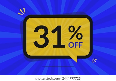 31 percent off. 31% discount. Blue and Yellow banner with floating balloon for promotions and offers.