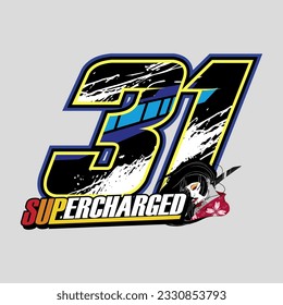 31. racing number black color, sport racing number with blue,light blue and white abstract style vector illustration .isolated gray background.