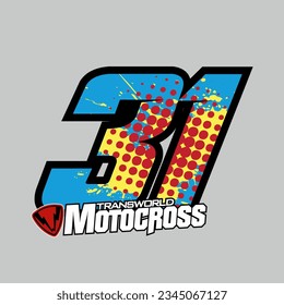 31. racing number light blue color, sports racing number with yellow and red halftone style vector illustration .isolated gray background