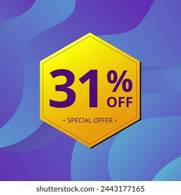 31% Sale and Discount Label. Thirty one percent Sale Discount label Geometric design. Abstract Blue and Yellow Hexagon. Vector illustration.